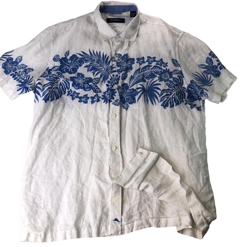 Tommy Bahama Reverse Print Linen Men XXL Button Shirt White Blue Floral Hawaiian
